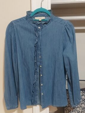 LOFT Chambray Ruffle-Trim Button Blouse in Light Blue